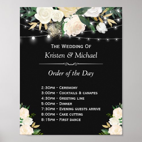 Ivory Floral String Lights Order of The Day Sign