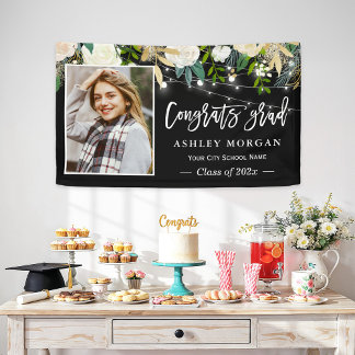 Ivory Floral String Lights Photo Graduation Banner