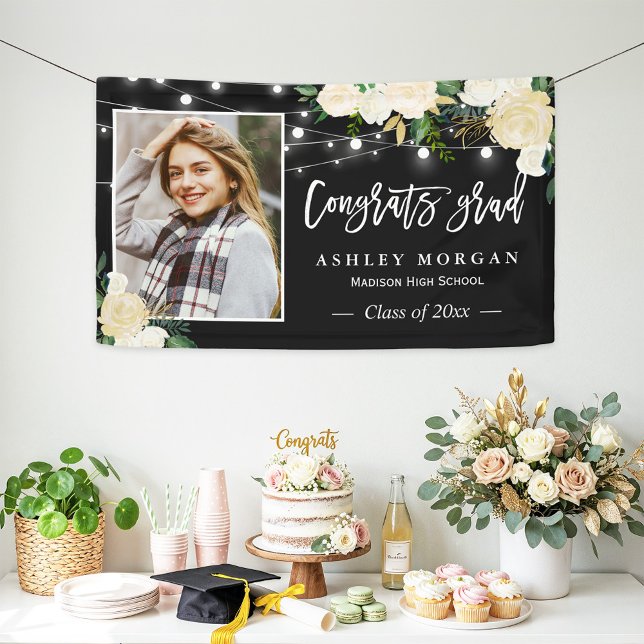 Ivory Floral String Lights Photo Graduation Photo Banner (Creator Uploaded)