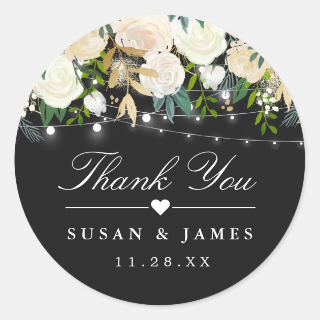 Ivory Floral String Lights Thank You Wedding Favor Classic Round Sticker