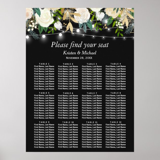Ivory Floral String Lights Wedding Seating Chart