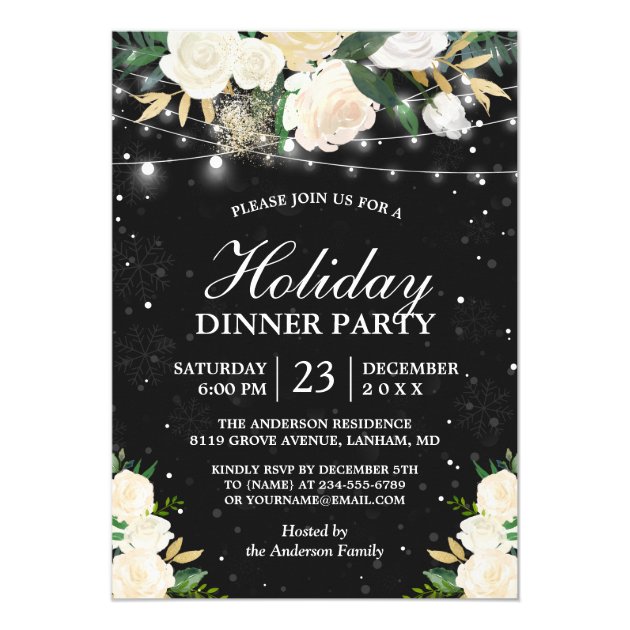 Ivory Floral String Lights Winter Holiday Party Invitation