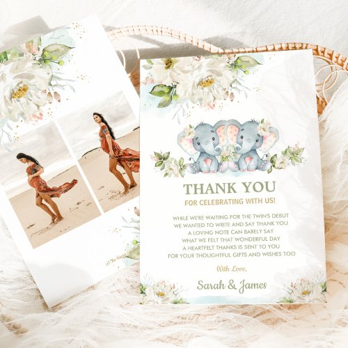 Ivory Floral Twin Girls Elephant Baby Shower Photo Thank You Card