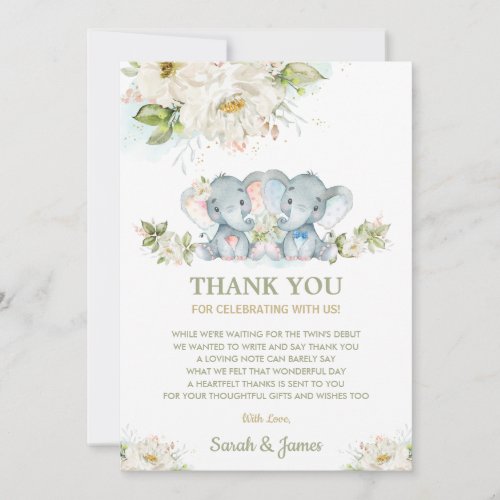 Ivory Floral Twins Boy Girl Elephant Baby Shower Thank You Card