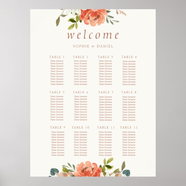 Ivory Floral Watercolor 12 Table Wedding Poster (Front)