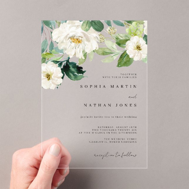 Ivory Floral Watercolor Greenery Wedding  Acrylic Invitations (Insitu (Handheld))