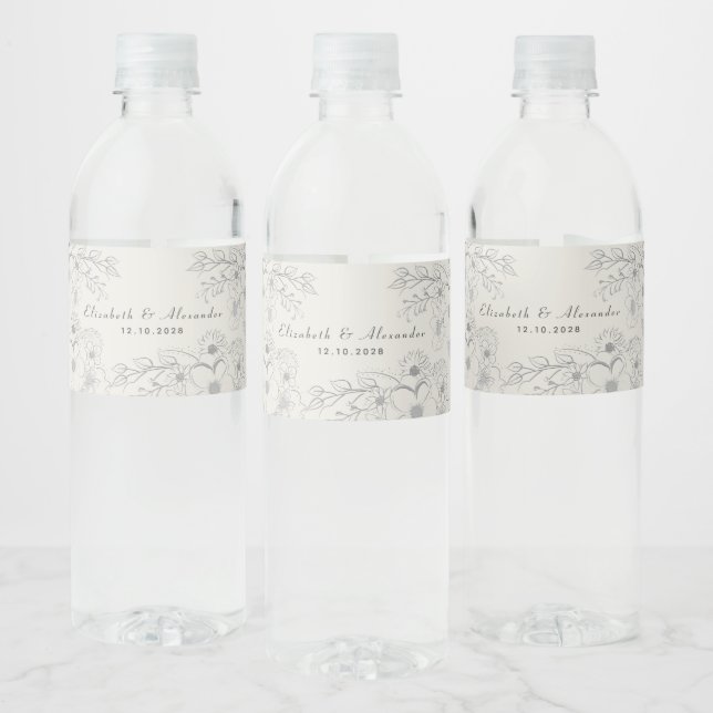 Ivory Floral Wedding Water Bottle Labels (Bottles)