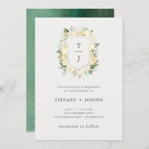 Ivory Floral with Green Watercolor Crest Wedding Invitation