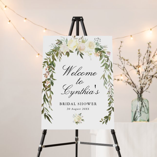 ivory floral wreath bridal shower welcome sign (In Situ (Stand))