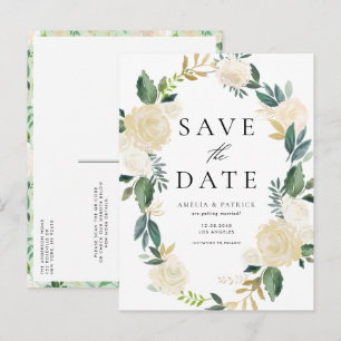 Ivory Floral Wreath QR Code Save the Date Announcement Postcard