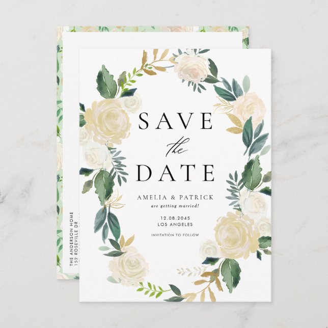 Ivory Floral Wreath QR Code Save the Date Announcement Postcard (Front/Back)