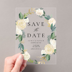Ivory Floral Wreath with Faux Foil Save the Date Acrylic Invitations