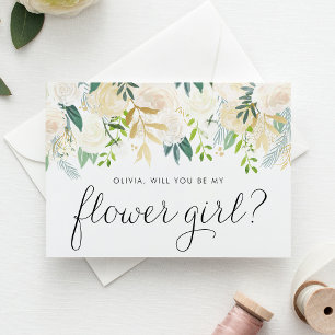 Ivory Flowers and Greenery Be My Flower Girl Invitation