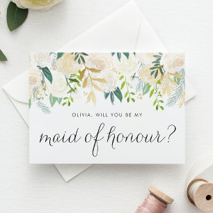 Ivory Flowers and Greenery Be My Maid of Honour Card