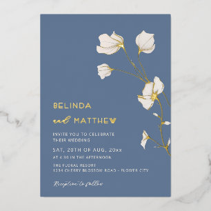 Ivory Flowers Dusty Blue Casual Wedding Foil Invitation