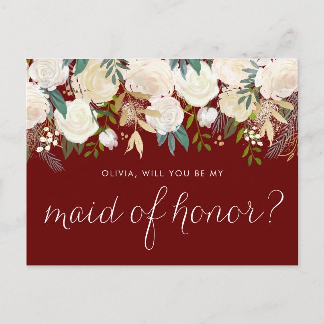 Ivory Flowers Red Will You Be My Maid of Honor Invitation Postcard (Front)