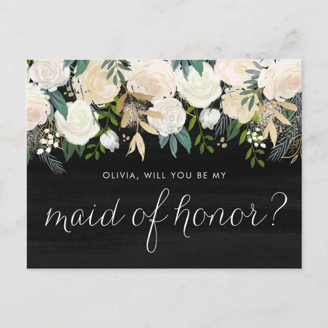 Ivory Flowers Rusitc Will You Be My Maid of Honor Invitation Postcard (Front)
