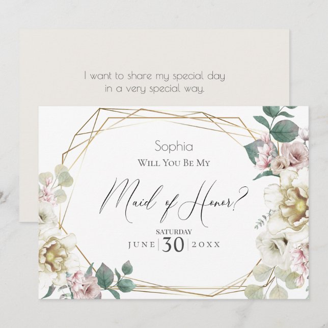 Ivory Flowers Will You Be My Maid of Honor Invitation (Front/Back)