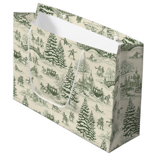 Ivory Forest Green French Country Winter Toile Large Gift Bag