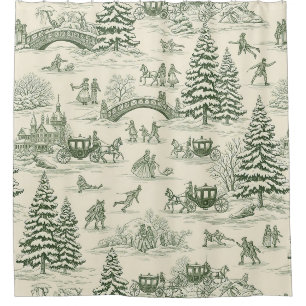 Ivory Forest Green French Country Winter Toile Shower Curtain