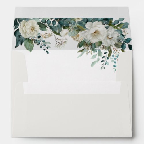 Ivory Forest Teal Script Floral Wedding Envelope