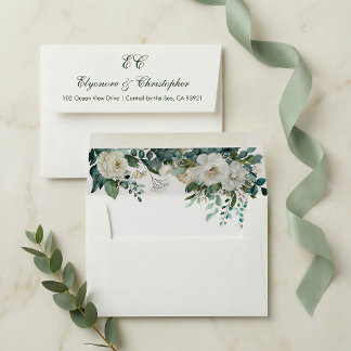 Ivory Forest Teal Script Floral Wedding Envelope