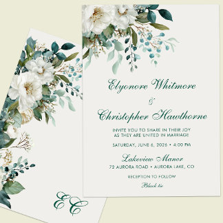 Ivory Forest Teal Script Floral Wedding Invitation