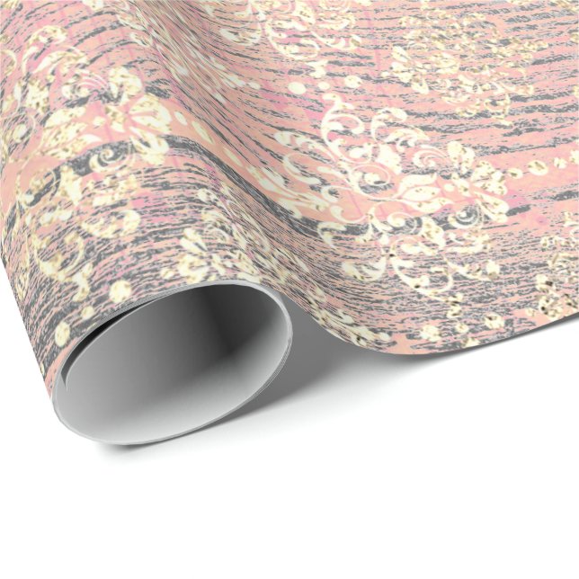 Ivory Foxier Metallic Damask Gold Wood Rustic Pink Wrapping Paper (Roll Corner)