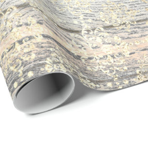 Ivory Foxier Metallic Damask Gold Wood Rustic Wrapping Paper