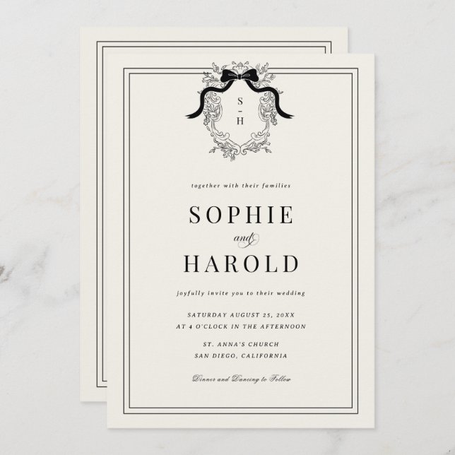 Ivory French Crest Monogram All in One Wedding Invitation (Front/Back)