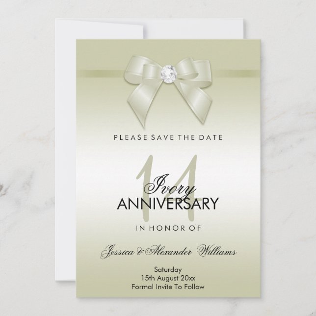 Ivory Gem Bow & Ribbon 14th Wedding Anniversary Save The Date (Front)