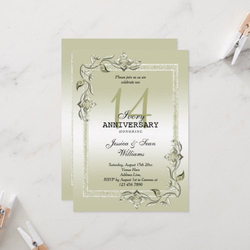 Ivory Gem  Glitter 14th Wedding Anniversary  Invitation