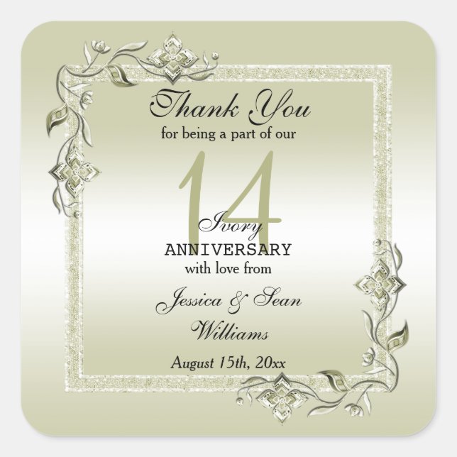 Ivory Gem & Glitter 14th Wedding Anniversary  Square Sticker (Front)