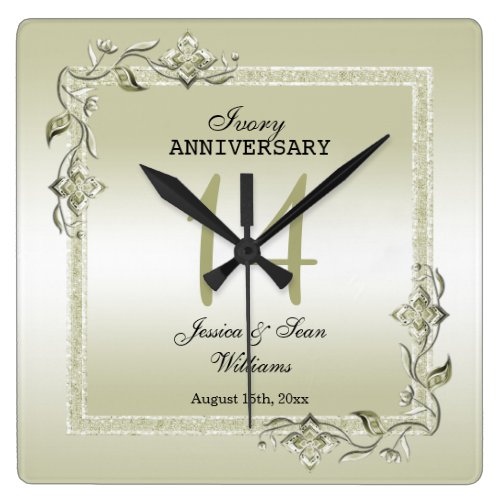 Ivory Gem & Glitter 14th Wedding Anniversary Square Wall Clock