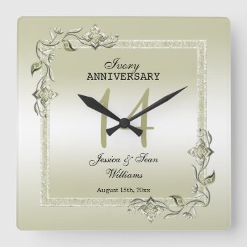 Ivory Gem & Glitter 14th Wedding Anniversary  Square Wall Clock by shm_graphics at Zazzle