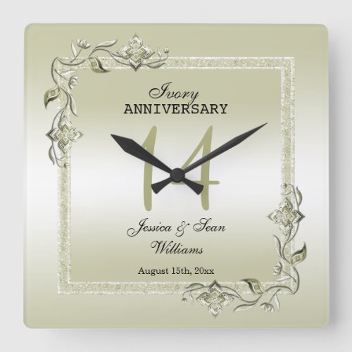 Ivory Gem  Glitter 14th Wedding Anniversary  Square Wall Clock