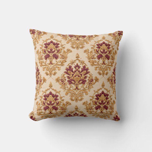 Ivory Gilded Floral Damask Throw Pillow (Front)