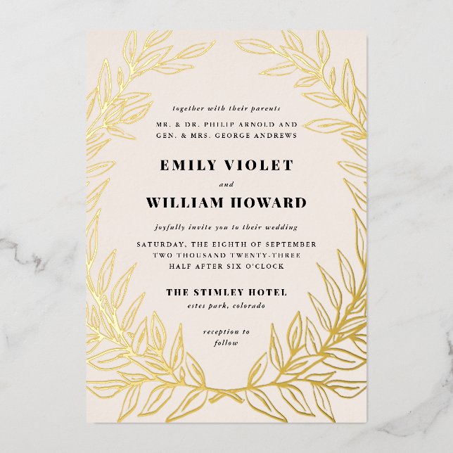 Ivory Gilded Wreath Formal Wedding Foil Invitation (Front)