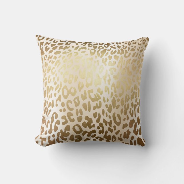 Ivory Glam Gold Metallic Steel Leopard Animal Skin Throw Pillow (Front)