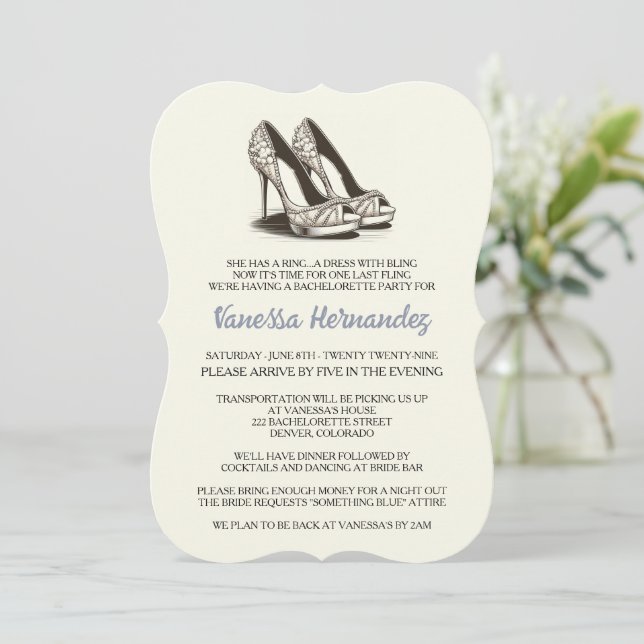 Ivory Glam Shoes Bachelorette Party Invitation (Standing Front)