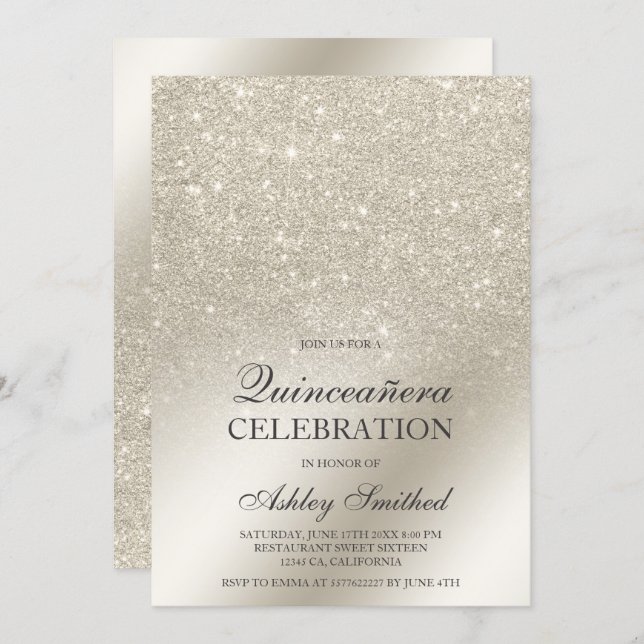 ivory glitter ombre metallic foil Quinceañera Invitation (Front/Back)
