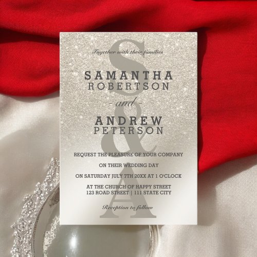 Ivory glitter ombre metallic monogram wedding invitation