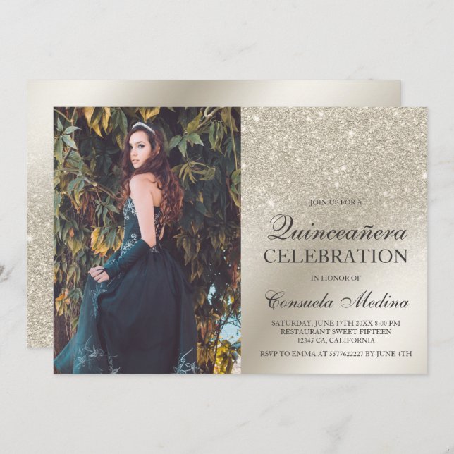 Ivory glitter ombre metallic photo Quinceañera Invitation (Front/Back)