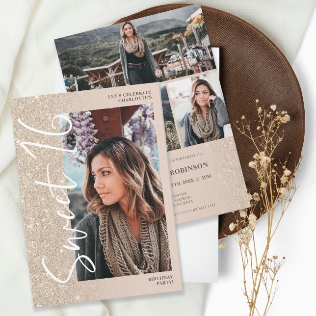 Ivory glitter ombre script 4 photos Sweet 16 Invitation (Creator Uploaded)