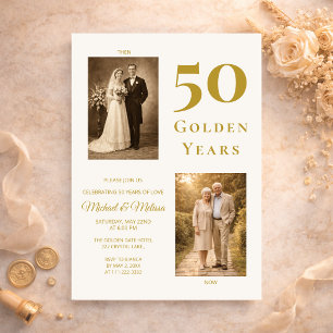 Ivory Gold 50th Anniversary Photo Then and Now Invitation