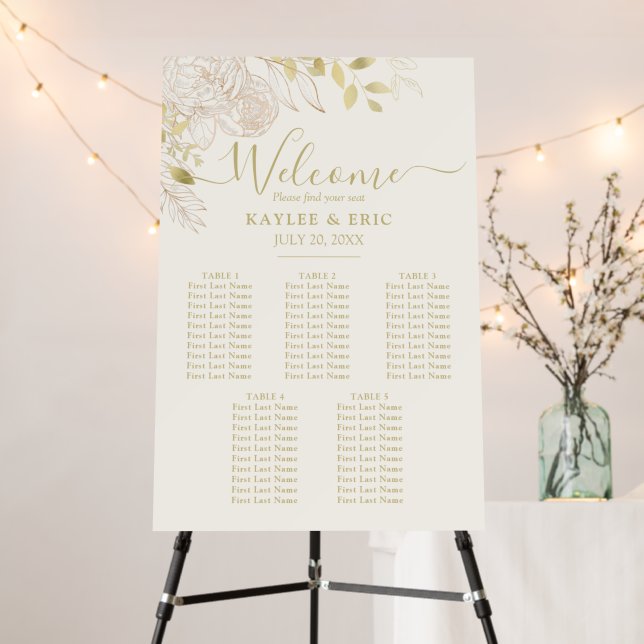 Ivory & Gold 5 Table Floral Wedding Seating Chart Foam Board (In Situ (Stand))