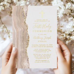 Ivory Gold Agate First Holy Communion Foil Invitation