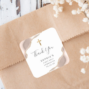 Ivory Gold Agate First Holy Communion Thank You Square Sticker