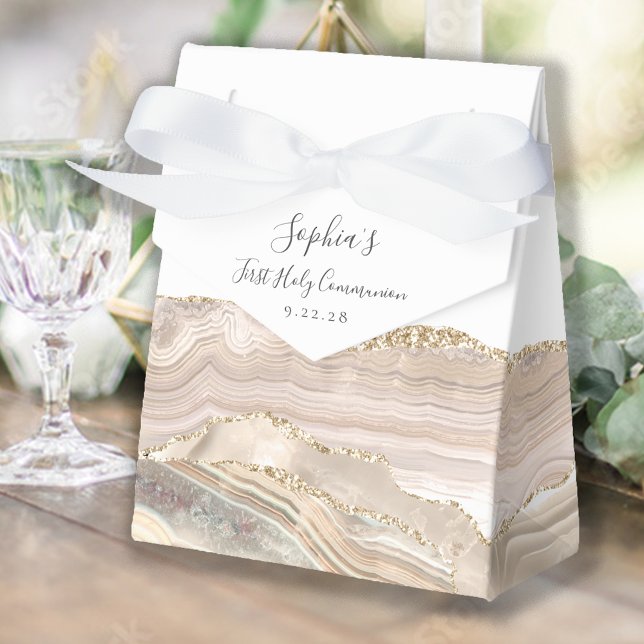 Ivory Gold Agate Script First Communion Favor Boxes (Creator Uploaded)