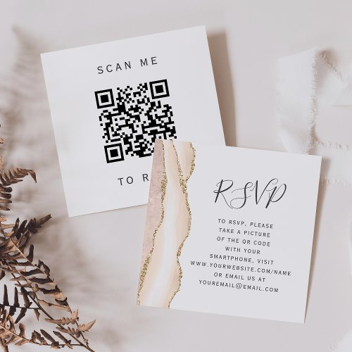 Ivory Gold Agate Wedding QR Code RSVP Enclosure Card